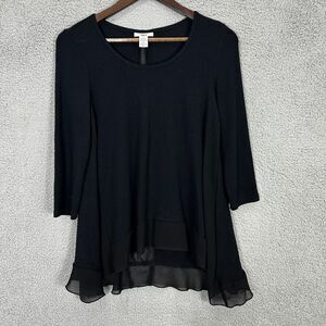 Bar III top women XS black ribbed knit sheer panel ruffle hem basic flowy casual